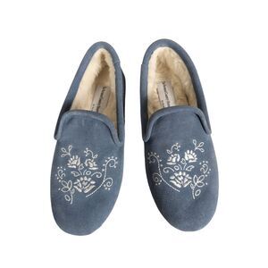 THE VERMONT COUNTRY STORE Suede Leather Fleece Lined Embroidered Slippers 8M